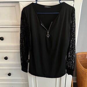 SHEIN Black Top with Lace Sleeves and Zipper